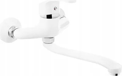 A white wall-mounted kitchen faucet against a white background.
