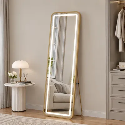 Zdjęcie produktu dla Lustro stojące INONEFT, panoramiczne, 150 x 40 cm, wysoka rozdzielczość, kwadratowe lustro z oświetleniem LED i metalową podstawą, hartowane szkło, kolor złoty, Obraz wygenerowany przez AI