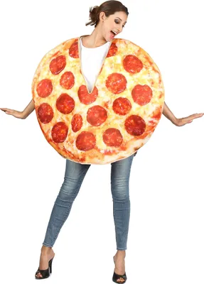 A woman is wearing a pizza costume.