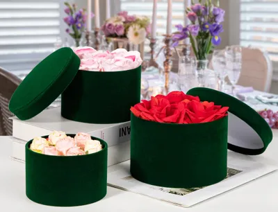 Image de Coffret cadeau, ensemble de 4, couleur verte, en velours, forme ronde, idéal pour un anniversaire
