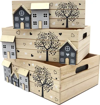 Produktbild von UNUS Deko Aufbewahrungsbox aus Holz Häuser Motiv im 3er Set white washed