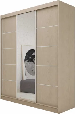 Produktbild von AGMAT Schwebetürenschrank Kira, Kleiderschrank mit 3 Türen und Spiegel und 2 Schubladen, Moderne Garderobe in Farbe: Sonoma / , Schrank in Größe: 180 x 216 x 61 cm