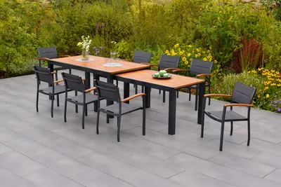 Produktbild von Merxx Gartenmöbel Set Paxos 9tlg., 8 Stapelsessel, Flex Ausziehtisch Ausziehtisch 180 (180) x 100 (83) x 80 (74) cm- Aluminium/Akazie/Textil