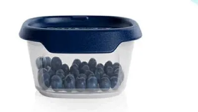 A clear studio shot of a small, transparent food storage container filled with blueberries, with a dark blue lid.