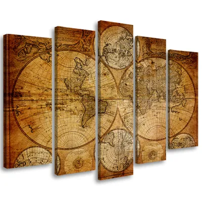 Produktbild von 5-teiliges leinwandbild alte weltkarte 150x100 cm Feeby braun wandbild bereit zum aufhängen
