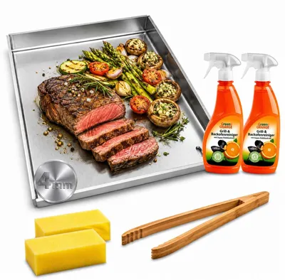 Produktbild von Plancha Grillplatte 30x40 cm Edelstahl Set mit Grillzange und Grillreiniger