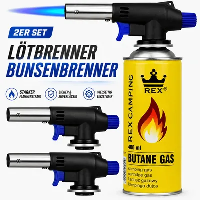 Produktbild von Lötbrenner 2er Set Lötlampe Gasbrenner Bunsenbrenner Aufsatz Butan Gaskartusche