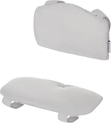 Two views of a light gray baby high chair cushion set against a white background.