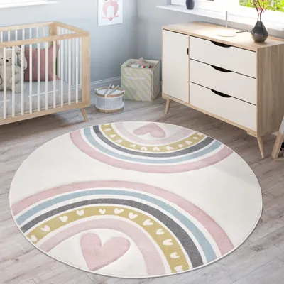 Produktbild von Kinderteppich Teppich Kinderzimmer Junge Mädchen Regenbogen Herz 3D Creme Rosa Grösse 160 cm Rund