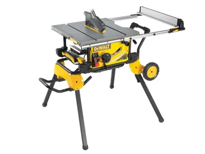 A DeWALT table saw with its stand, shown against a white background.