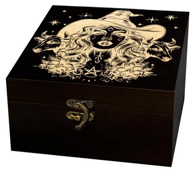 Holz-Souvenirbox mit Hexenmotiv, 12x12x6 cm, 1 Stück
