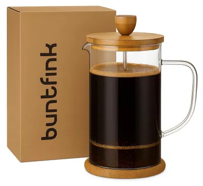 French Press 1 l, Edelstahl/Bambus/Borosilikatglas, mit Löffel + 2 Filter