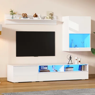 Produktbild von Wandmontiertes TV-Möbel, 3-teiliges mit Vitrinen und Regale, LED-Beleuchtung, für Fernseher bis zu 80 Zoll, Weiß