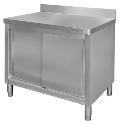 Zdjęcie produktu dla Stół gastronomiczny ze stali nierdzewnej Mega-M przyścienny z szafką 100x70x85cm