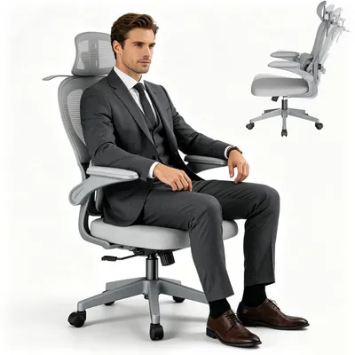 Produktbild von UISEBRT Ergonomischer Bürostuhl Grau, Netzstuhl mit Kleiderhaken, 2D-Lendenstütze, 125° Neigung, H?henverstellbarer Homeoffice Stuhl bis 150kg