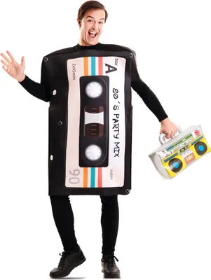 A man wearing a cassette tape costume and holding a boombox.