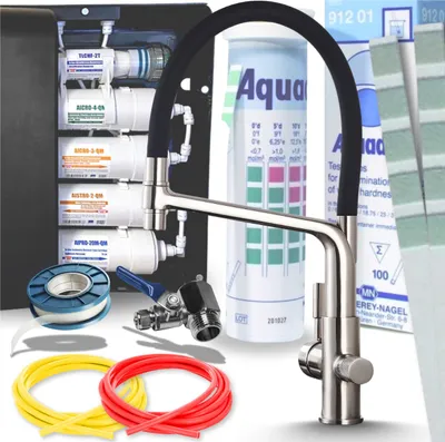 Immagine prodotto di Rubinetto da cucina a 3 vie Ari Flexible con doccetta estraibile e girevole 360, acciaio inox satinato, per filtro acqua
