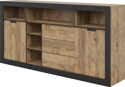 Produktbild von Masseno Kommode DAVOR 220 cm Sideboard mit 3 Schubladen und 2 Türen für Wohnzimmer Schlafzimmer Modern 220x45x109 cm Eichefarben / Eichefarben
