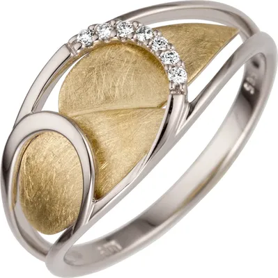 Produktbild von Damen Ring aus 585 Weißgold Gelbgold bicolor teilmattiert 7 Brillanten 0,05ct. Innenumfang 54mm  Ø17.2mm