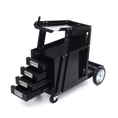 A black metal welding cart with four drawers is shown against a white background.