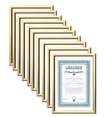 A stack of gold-colored document and photo frames, with one frame in the foreground displaying a certificate.