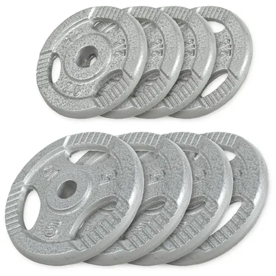 Produktbild von GORILLA SPORTS® Hantelscheiben - 30kg Set (4x2,5 + 4x5 kg) Gewichte, Tri-grip, 30mm, Gusseisen, Silber - Gewichtsscheiben, Hanteln Set