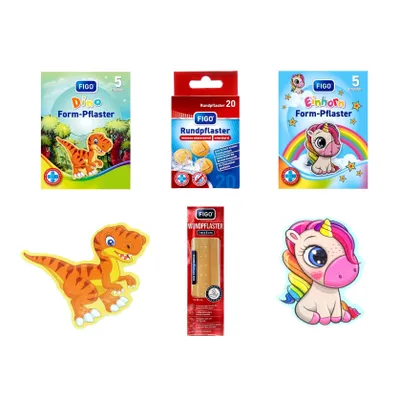 Produktbild von Familien Pflaster Set für Groß & Klein, Kinderpflaster (Dino + Einhorn) + Rundpflaster + Wundpflaster Streifen FIGO Wund Verband