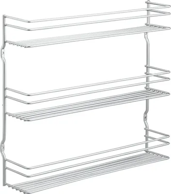 A silver metallic wire spice rack with four shelves, shown against a white background.