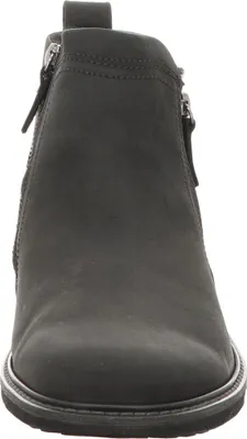 A front view of a black leather boot.