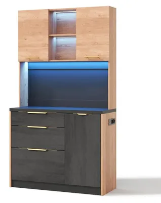 Produktbild von Stil A Küchenschrank - Sideboard mit schwarzer Arbeitsplatte - Verstellbare LED-Beleuchtung - Steckdose - MDF - 100 x 40 x 180 cm - Zur Selbstmontage