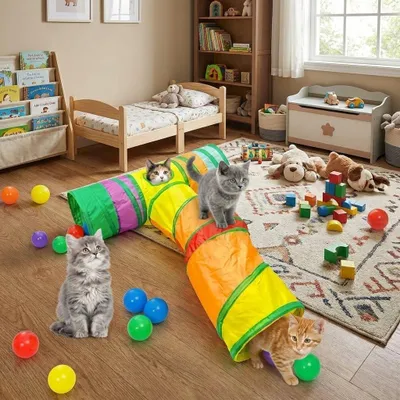Productafbeelding van Samenvouwbare kattentunnel, regenboogdesign, met interactief speelgoed, voor binnenshuis