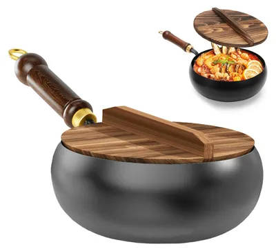Eisenpfanne 25 cm, handgeschmiedet, unbeschichtet, mit Holzdeckel