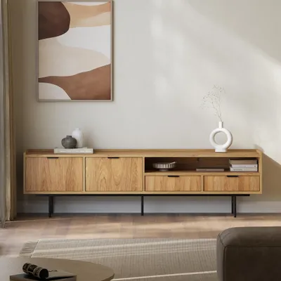 Image de BEAUTYSOFA | Meuble TV EVRON 200 cm, meuble TV avec 2 tiroirs, 2 portes et une étagère ouverte, hickory naturel