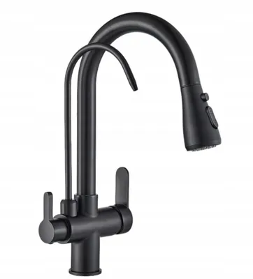 Produktbild von Küchenarmaturen 360°Schwenkbar 3 Wege Wasserhahn Küche mit Ausziehbarer Brause Spüle Armatur Schwarz 2 Griffe Mischbatterie mit Wasserfilter
