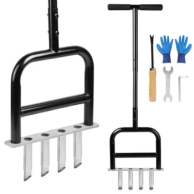 Image de Aérateur de pelouse manuel - Acier inoxydable - 4 dents creuses - Poignée antidérapante en caoutchouc - Pour pelouse et jardin