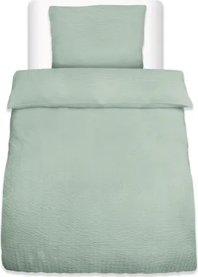 A neatly folded duvet and pillow set on a white background.
