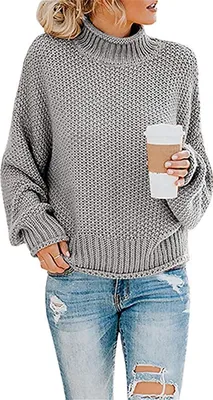 Produktbild von ASKSA Damen Strickpullover Einfarbig Rollkragenpullover Pullover Pulli Knit Sweatshirt, Grau, M