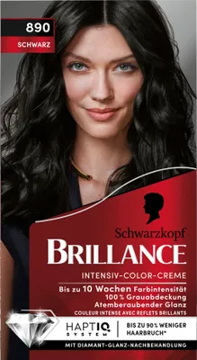 A woman with black hair is shown from the chest up, with product branding and details below her.