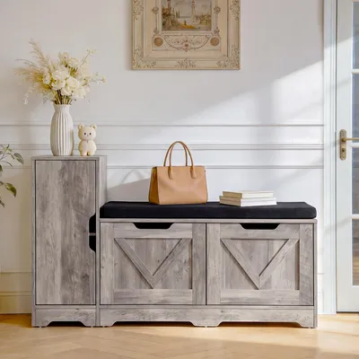 Produktbild von Schuhbank mit Seitenschrank, Schuhregal Sitzbank mit Stauraum, Flurbank mit Sitzkissen, 105 × 37 × 65,5 cm