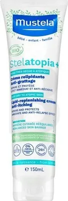 Produktbild von Mustela Stelatopia+ Körpercreme – nährend, beruhigend, lipidaufbauend und juckreizstillend – für empfindliche und zu Neurodermitis neigende Haut (ab Geburt, für die ganze Familie) – schnell einziehend, ohne fettigen Film – ohne Parabene, Phthalate und Phenoxyethanol