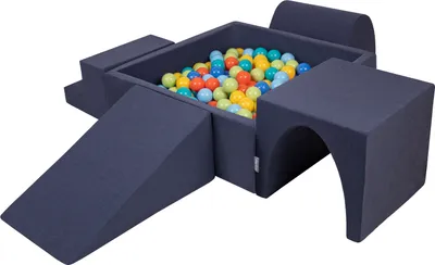 Image de KiddyMoon Aire de jeux en mousse souple pour enfants avec aire de jeux à balles carrées (200 ∅ 7 cm) avec obstacles souples et piscine à balles,  fabriqué en UE, Bleu foncé:Vert clair/Orange/Tyrkys/M