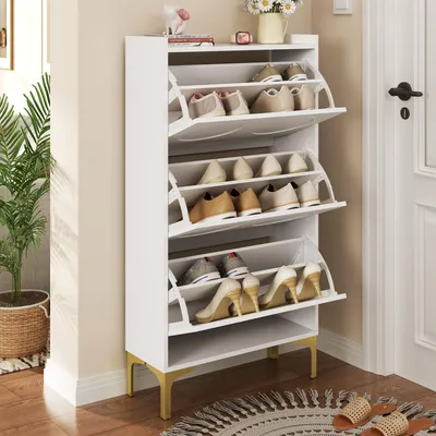 Produktbild von STILVORA Schuhschrank in Weiß Dreistöckiges Design mit großem Stauraum, Schuhkipper mit stabile Metallfüße, platzsparende Schuhaufbewahrung im Eingangsbereich