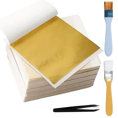 Productafbeelding van Goudfolie set, 203 stuks, inclusief 200 goudfolies, 2 penselen en 1 pincet | 8 x 8,5 cm