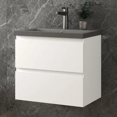 Produktbild von 60 cm Badmöbel-Set Unterschrank mit Dunkelgrau Mineralguss Waschbecken 2 Schubladen soft-close Weiß Matt Selbstmontierter