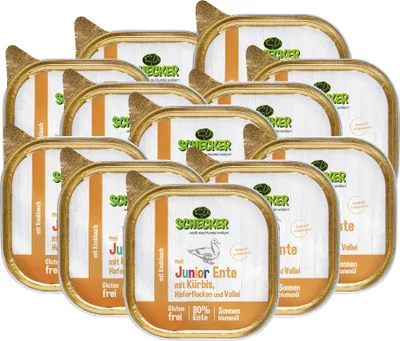 Produktbild von 12 x 200g - Schecker Nassfutter - Hundemenü - Junior Ente mit Kürbis, Haferflocken und Vollei