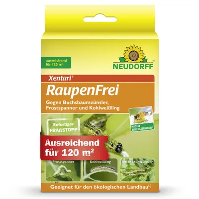 Produktbild von Neudorff Xentari Raupenfrei Spritzmittel gegen Buchsbaumzünsler, Frostspanner, Kohlweißlinge, Traubenwickler, Eulenarten Gespinstmotten 25g 500 m²