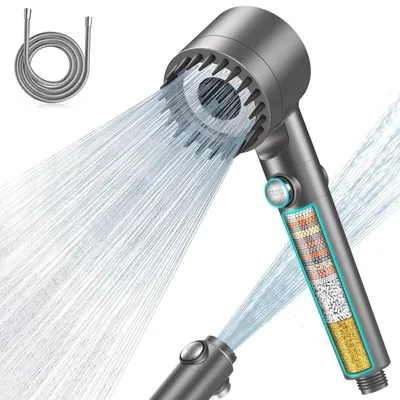 Produktbild von Handbrause mit 15-Schicht-Filter, Hochdruck, 1,5m Schlauch, 4 Strahlarten, Grau