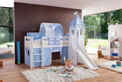 Produktbild von Einzelbett Alex Buche massiv 90x200 cm Weiß lackiert mit Stoff-Set und Rutsche