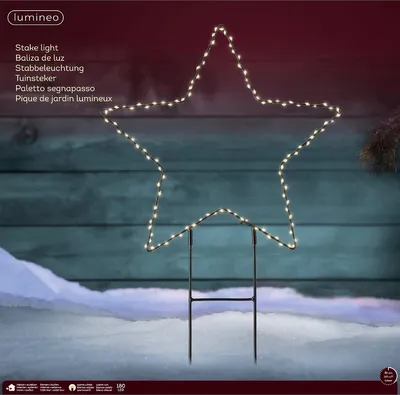A star-shaped light decoration is placed in the snow, with a wooden wall in the background.