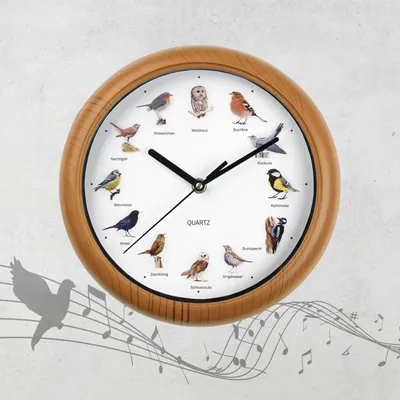Wanduhr mit Vogelgesang, 12 Vogelstimmen, Holzoptik, 25 x 4 cm